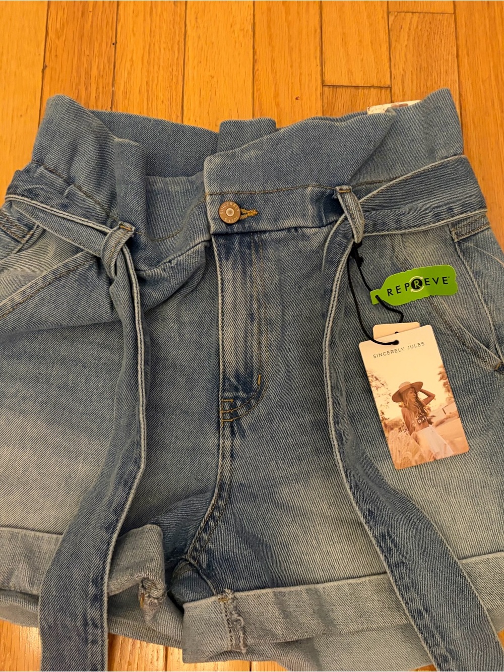 Sincerely Jules Light Blue Paperbag Waist Denim Shorts with Tie - Picture 3 of 5